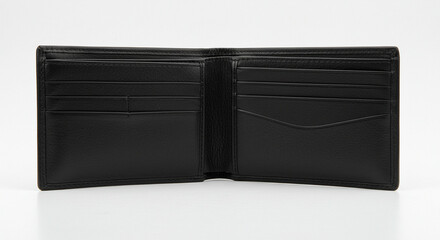 High-Quality Black Leather Wallet Open, Showing Interior Details: A Detailed Product Shot of a Men's Bifold Wallet Displaying Multiple Card Slots, a Currency Compartment, and a Sophisticated Design...