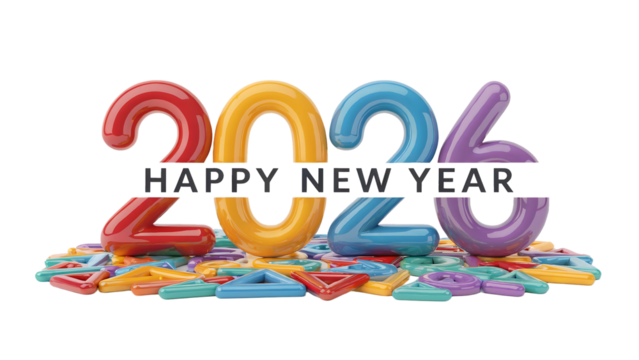 Vibrant 2026 New Year Celebration Colorful Numbers and Festive Shapes on Black Background for on transparent background
