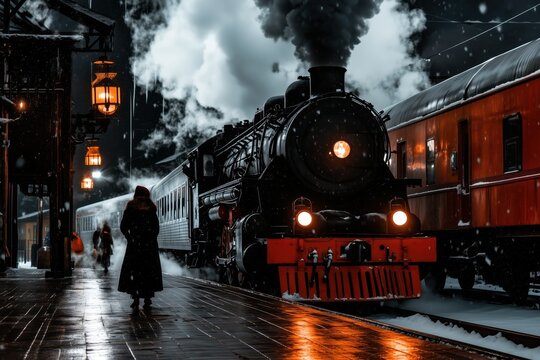 Vintage train station in snowfall
