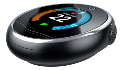 Smart Climate Controller: An interactive close-up captures a sophisticated smart climate controller, sleek and modern with its digital display showcasing temperature.