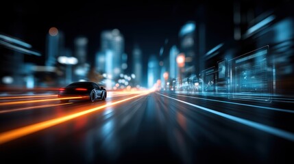 A sleek car speeds through a futuristic city at night, with neon lights and blurred reflections creating a sense of motion and technology