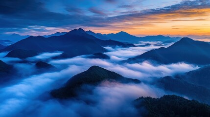 Fototapeta premium Serene mountain landscape above the clouds at sunrise
