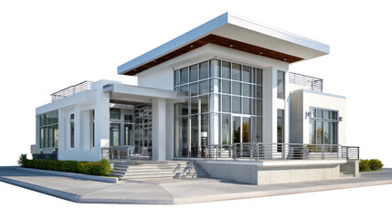 Modern Architectural Marvel: A captivating display of contemporary design, showcasing a sleek, minimalist building with clean lines, expansive glass walls, and a flat roof.