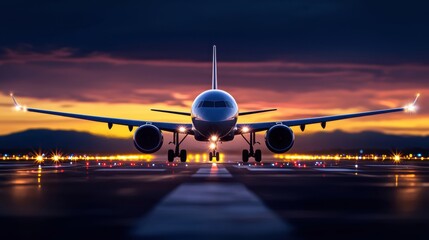 Airplane on runway at sunset with vibrant sky