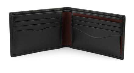 High-Quality Black Leather Bi-Fold Wallet: Open View, Detailed Product Photography for E-commerce and Branding - Premium Men's Accessory, Elegant Design, Smooth Texture, Multiple Card Slots, Cash C...