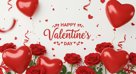 Happy Valentine's Day! Romantic 3D Render with Red Heart Balloons, Roses, Confetti, and Ribbons.  A perfect image for Valentine's Day cards, websites, social media posts, and romantic themed design...