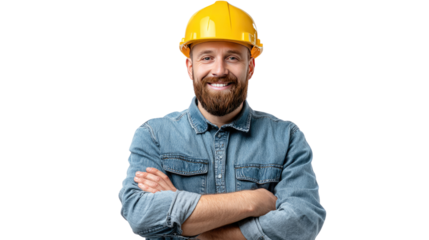 Confident Construction Professional: A cheerful construction worker, radiating professionalism and experience, sports a yellow safety helmet, conveying trust and reliability.