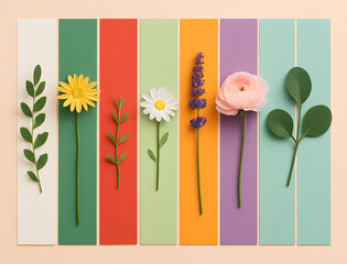 Colorful Botanical Flat Lay with Wildflowers and Leaves on Pastel Background
