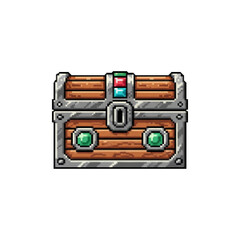 Pixel Art Wooden Chest with Green Gems and Striped Band - Retro 8-Bit - 2D pixel art games