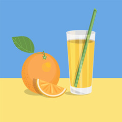 Still life, orange juice in a glass with a drinking straw and an orange. Vector illustration.