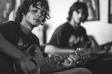 Obraz premium Best friends playing music on guitars together, enjoying a jam session and fostering creativity and camaraderie, Generative AI
