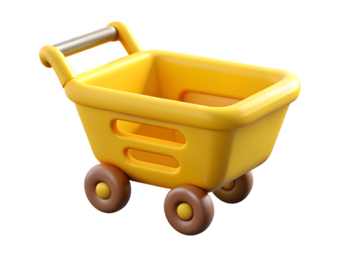 Bright yellow toy shopping cart with brown wheels