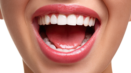 Radiant Smile: A close-up view reveals a flawless, radiant smile, showcasing perfect white teeth and a healthy pink mouth and gums. Expressing confidence, joy, and positivity.