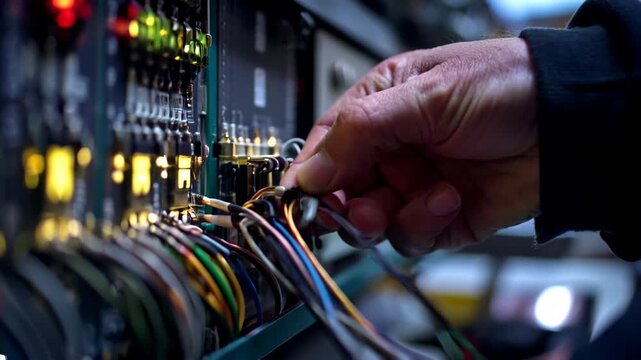 Mechanic repairing electrical cable panel in an industrial setting

