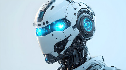 Robot head with glowing blue eyes