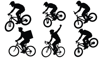 Obraz premium Bicycle Rider Silhouettes – Cyclists, BMX Tricks, Delivery, and Racing Vector Set