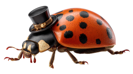 Ladybug in Top Hat: A whimsical ladybug, adorned with a miniature top hat, playfully poses for the camera, capturing a moment of unexpected elegance and charm. 