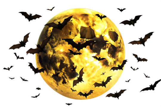 Bats Flying in Front of Full Moon on Transparent Background