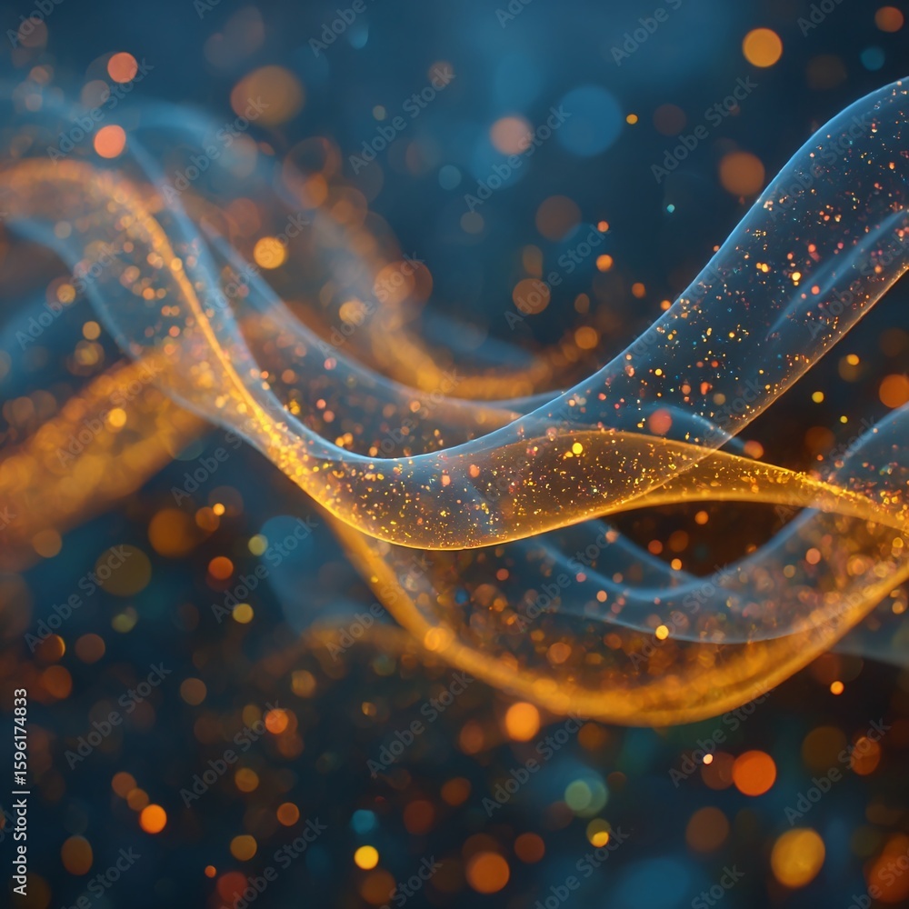 Poster dynamic flowing light trails with glowing particles, symbolizing data and speed