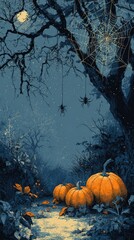 Halloween night atmosphere with pumpkins and spider webs under a full moon in an eerie forest setting