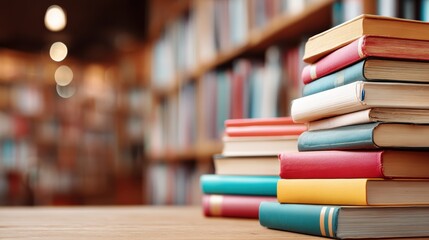 A stack of colorful books sits on a wooden table in a library, with shelves of more books blurred in the background