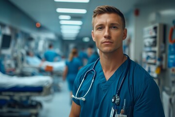 Portrait of a confident ER doctor standing in the hospital emergency room, ready to provide critical care in a fast-paced medical environment, Generative AI