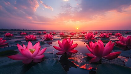 A captivating image capturing the vibrant colors of red lotus flowers blooming in a vast lake at sunset.