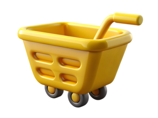 Bright yellow 3d shopping cart with wheels and handle