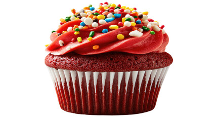Sweet Red Velvet Cupcake: A delightful, close-up shot of a vibrant red velvet cupcake, generously frosted with rich, creamy icing and adorned with a colorful sprinkle of tiny candies.