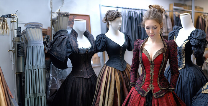A costume designer examining detailed, embroidered dresses in a wardrobe