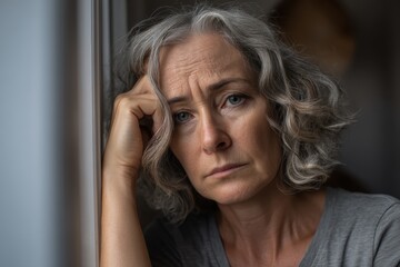 A middle-aged woman with gray hair looks pensive and sad, resting her head on her hand while gazing out of a window indoors