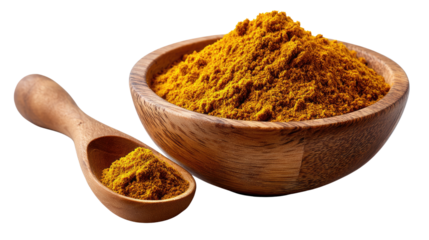 Turmeric Powder in Wooden Bowl: A close-up shot features a vibrant, fresh pile of turmeric powder, nestled in a rustic wooden bowl alongside a matching wooden spoon.