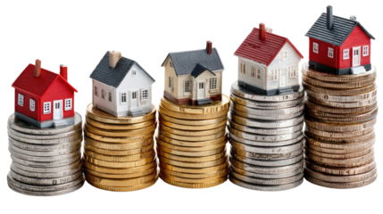 Real Estate Growth: Miniature houses perched atop growing stacks of coins, visually representing the expansion of real estate value in an eye-catching economic model.