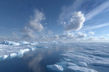Fototapeta premium Arctic seascape with floating icebergs under cloudy sky