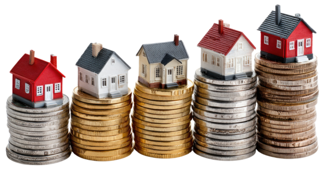 Real Estate Growth: Miniature houses perched atop growing stacks of coins, visually representing the expansion of real estate value in an eye-catching economic model.