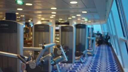 Defocused gym interior with modern exercise machines, blurred view through large windows showcasing workout facilities indoors with bright lighting.