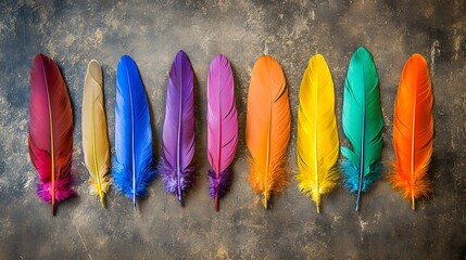 Arrangement of colorful feathers in a row on a textured dark surface top view for a vibrant composition