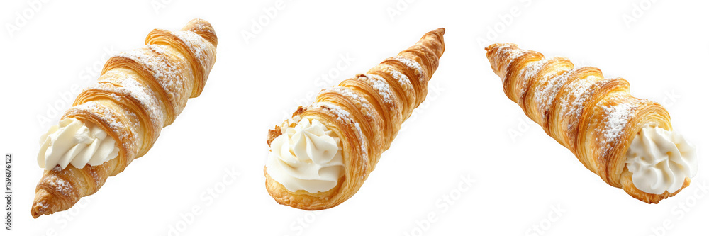 Poster three cream horns pastries with powdered sugar on a black background in a studio setting view on tra
