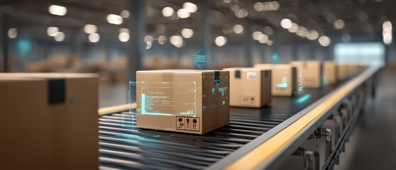 Cardboard boxes with digital tracking graphics move along a conveyor belt in a modern, automated warehouse environment