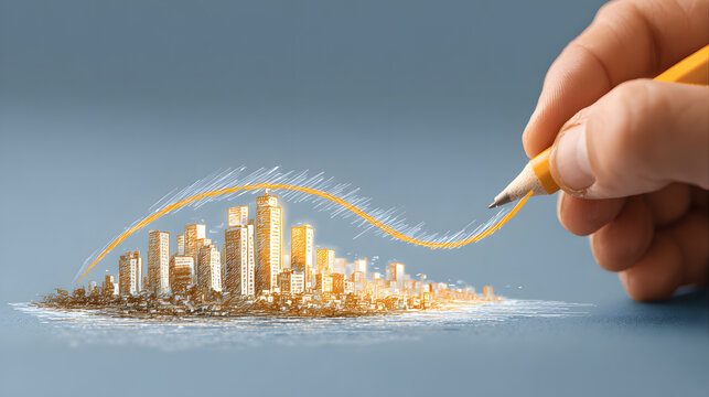 Hand drawing upward curve growth success business finance progress increase optimistic city background. Inflation ,stagflation, recession and depression . Economic, financial crisis concept