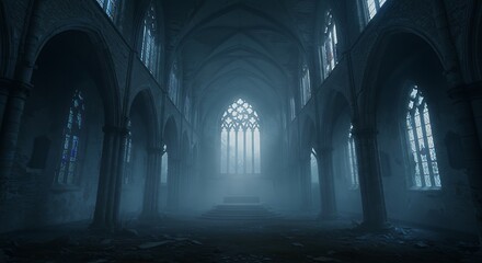 Eerie interior of a derelict gothic cathedral with light streaming through a large window on a foggy night.