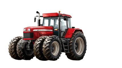 Obraz premium Red Tractor: An eye-level shot showcases a vibrant, high-powered, red tractor. Perfect for projects related to agriculture, machinery, or farming, this image encapsulates strength and reliability. 