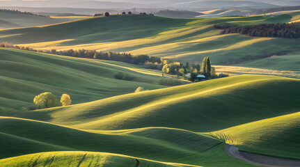 Golden Green Rolling Hills Abstract Landscape at Sunset