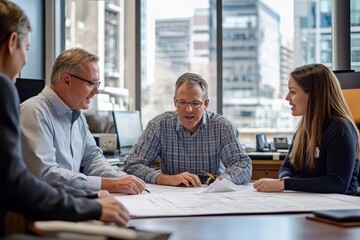 Architects seated around a desk indoors in an office setting, analyzing blueprints and discussing the details of an upcoming design project. The image reflects collaboration, Generative AI