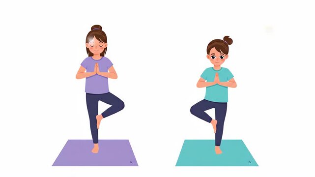 Flat vector two girls are practicing tree pose yoga on their mats, isolated on white background