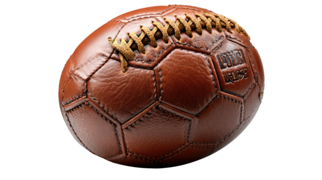 Rugby ball's Heritage: Close-up shot of an vintage leather rugby ball against an light background, showcasing the artistry of its leather and the history of its game.
