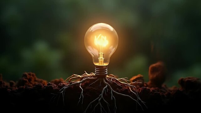A glowing lightbulb with organic roots planted in dark soil, softly lit, symbolizing innovation born from grounded ideas, growth, or eco-conscious technology.
