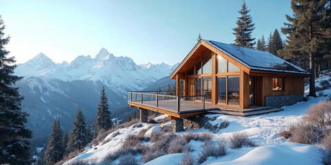 Modern Solar Panels on Luxury Mountain Chalet in Aspen, Colorado, Panoramic Snow-Capped Views, Sustainable Energy, Solar-Powered Home, Clean Energy, Renewable Resources, Eco-Friendly Architecture.
