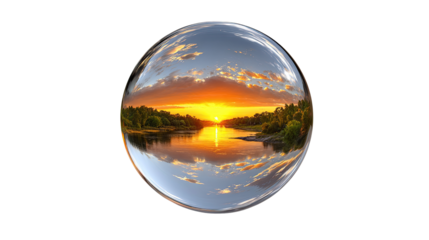 Sunset within a Sphere: A surreal, stunning view of the sunset over water, enclosed within a perfectly spherical glass, a testament to nature's grandeur and artistry.