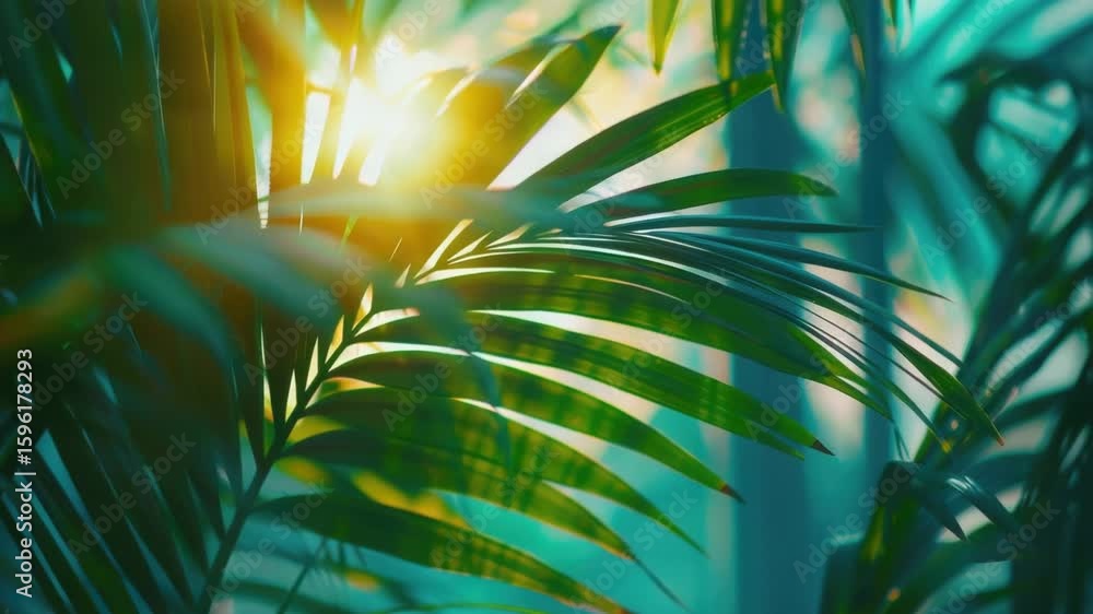 Aufkleber a palm tree with its leaves illuminated by the warm sunlight, ideal for use in images related to nat
